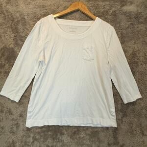 Talbots White 3/4 Sleeve Pocket Tee T Shirt Top Side Button Detail M Medium